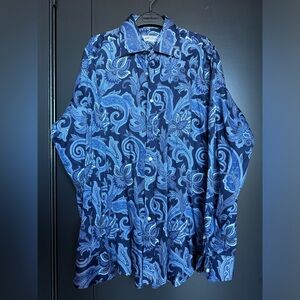 Etro Milano 42 Men’s Dress Shirt, 100% Cotton, Classic Blue Paisley
